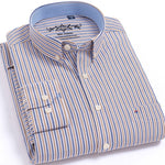 Men's Long Sleeve Oxford Plaid Striped Casual Shirt Front Patch Chest Pocket Regular-fit Button-down Collar Thick Work Shirts